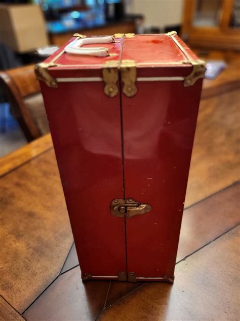 VINTAGE RED METAL DOLL WARDROBE STEAMER TRUNK 